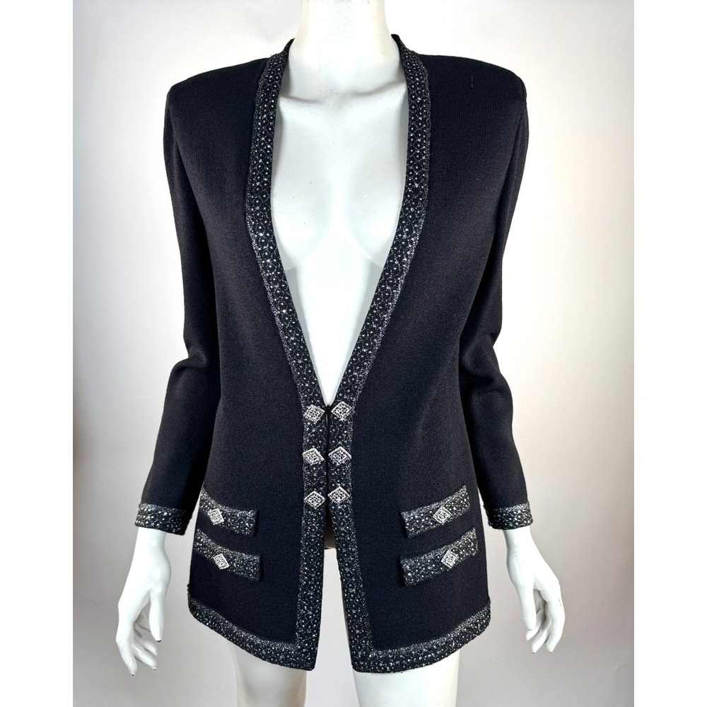 St John Evening Santana Knit Embellished Blazer Women 8 EUC‎ Long Sleeve Black